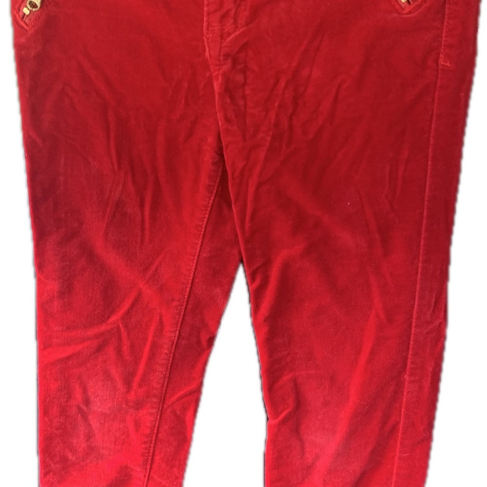 Vibrant Red Pants with Gold Accents